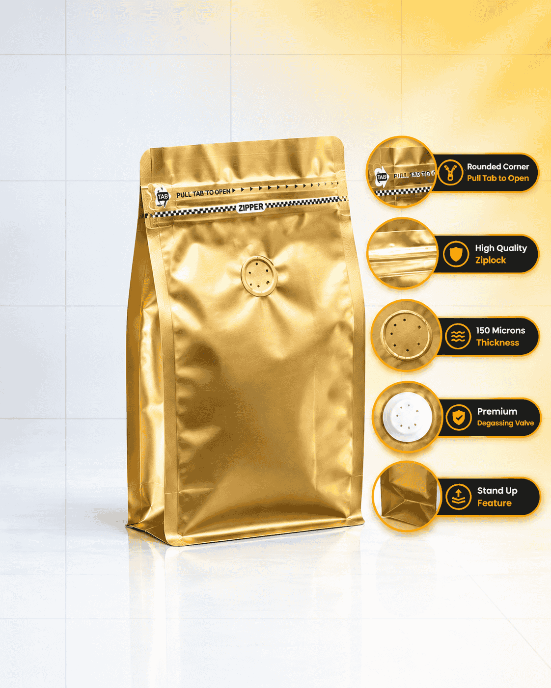Coffee Bag - High Barrier Stand-Up with Side Zipper & Degassing Valve | Color: Golden thumbnail