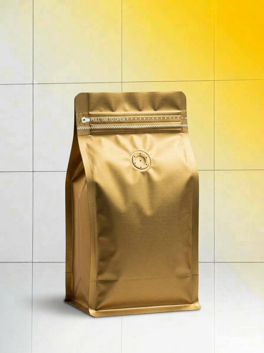 Coffee Bag - High Barrier Stand-Up with Side Zipper & Degassing Valve | Color: Golden