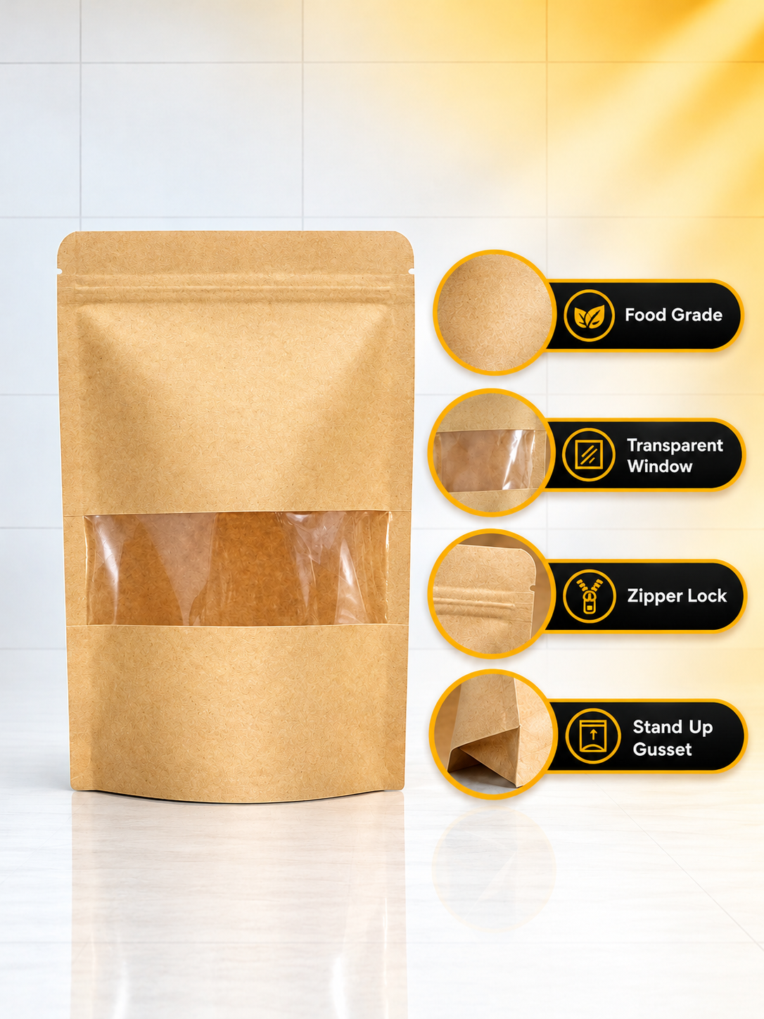 Kraft Paper Stand-Up Pouch with Zipper & Matt Window | 280mic, Food-Grade (Imported Quality) thumbnail